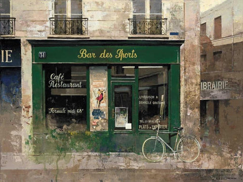 Bar des Sports Black Ornate Wood Framed Art Print with Double Matting by Hak, Chiu Tak