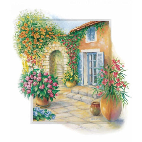 Flowery courtyard Gold Ornate Wood Framed Art Print with Double Matting by Erwin, Eric