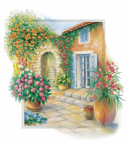 Flowery courtyard Black Ornate Wood Framed Art Print with Double Matting by Erwin, Eric
