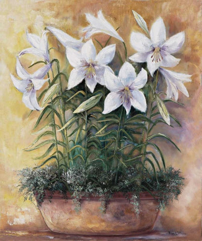 White lilies in bowl Black Ornate Wood Framed Art Print with Double Matting by Withaar, Rian