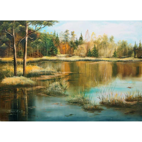 Oil forestlake II White Modern Wood Framed Art Print by Natalia, Gusak