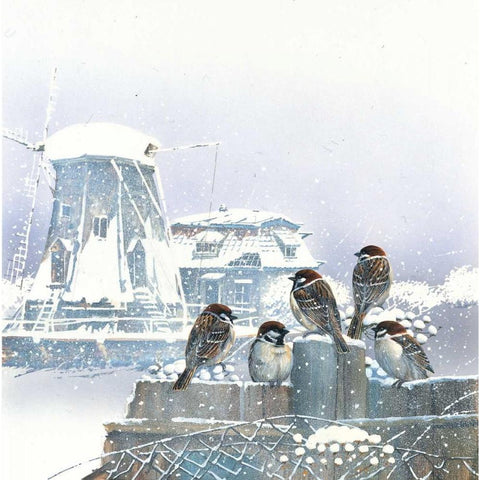 Birdies and windmill Gold Ornate Wood Framed Art Print with Double Matting by Weenink, Jan