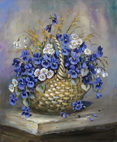 Basket in blue Black Ornate Wood Framed Art Print with Double Matting by Schottler, Katharina