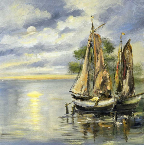 Boats lie at anchor White Modern Wood Framed Art Print with Double Matting by Schottler, Katharina