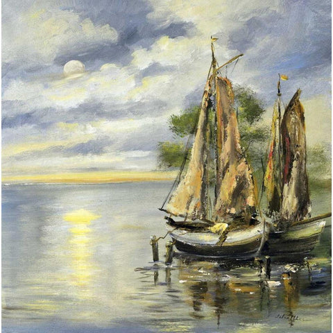 Boats lie at anchor Gold Ornate Wood Framed Art Print with Double Matting by Schottler, Katharina