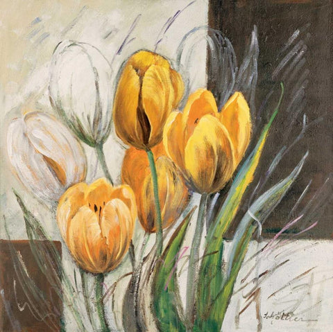 Yellow Tulips Black Ornate Wood Framed Art Print with Double Matting by Schottler, Katharina