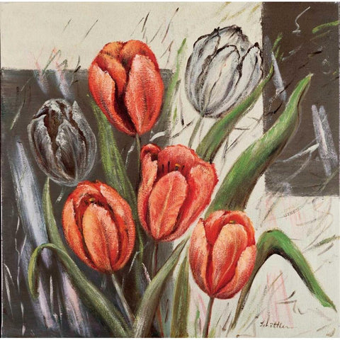 Orange Tulips Black Modern Wood Framed Art Print by Schottler, Katharina