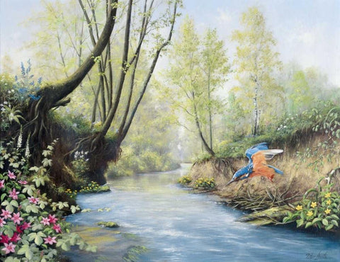 Kingfisher Black Ornate Wood Framed Art Print with Double Matting by Motz, Peter