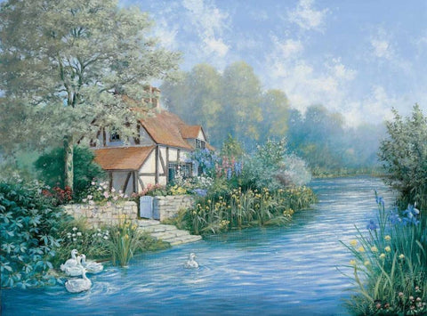 Lakescape White Modern Wood Framed Art Print with Double Matting by Motz, Peter