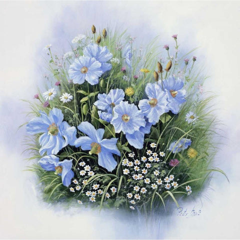Blue flowers White Modern Wood Framed Art Print by Motz, Peter
