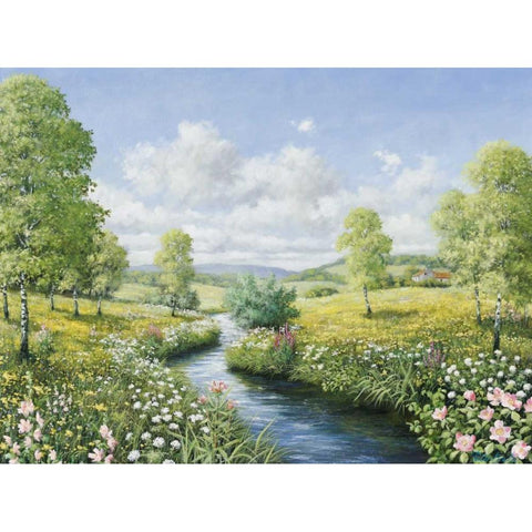 Serenity by the stream Black Modern Wood Framed Art Print with Double Matting by Motz, Peter