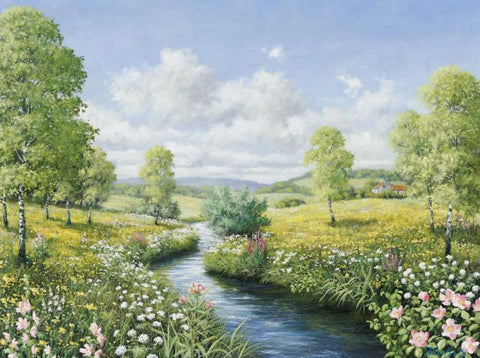 Serenity by the stream White Modern Wood Framed Art Print with Double Matting by Motz, Peter