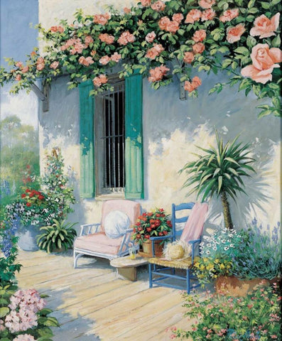 A veranda in bloom II White Modern Wood Framed Art Print with Double Matting by Motz, Peter