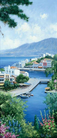 A view over Mykonos White Modern Wood Framed Art Print with Double Matting by Motz, Peter