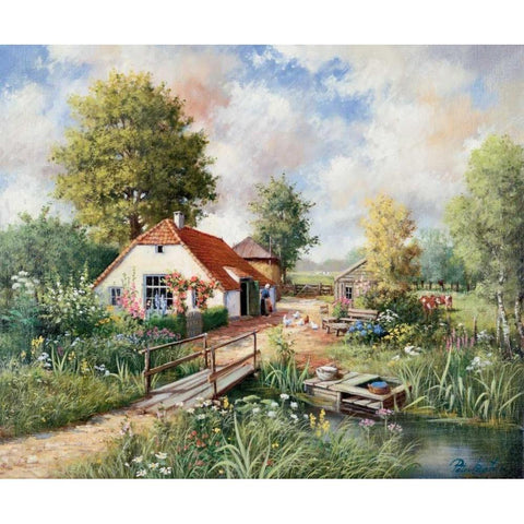 Cottage farm Black Modern Wood Framed Art Print with Double Matting by Motz, Peter