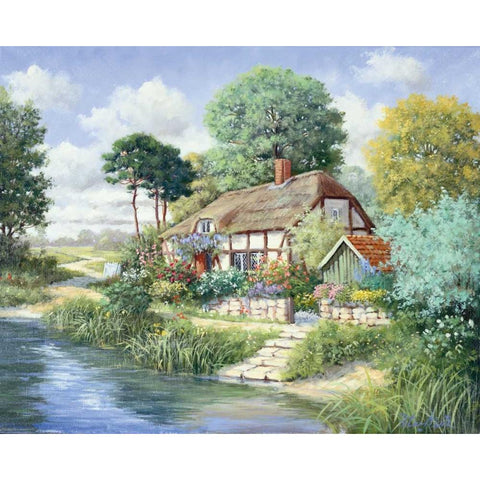 Cottage house Black Modern Wood Framed Art Print with Double Matting by Motz, Peter
