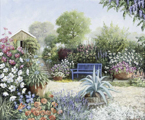 Lindas Garden Black Ornate Wood Framed Art Print with Double Matting by Motz, Peter