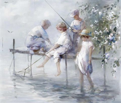 Fishing fun White Modern Wood Framed Art Print with Double Matting by Haenraets, Willem