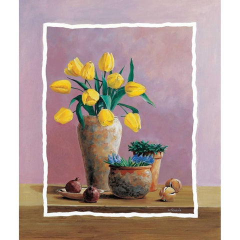 Yellow tulips White Modern Wood Framed Art Print by Roelofs, Wouter