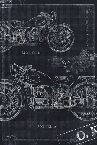 MOTORCYCLE CO. BLUEPRINT BLACK II Black Ornate Wood Framed Art Print with Double Matting by Yang, Eric