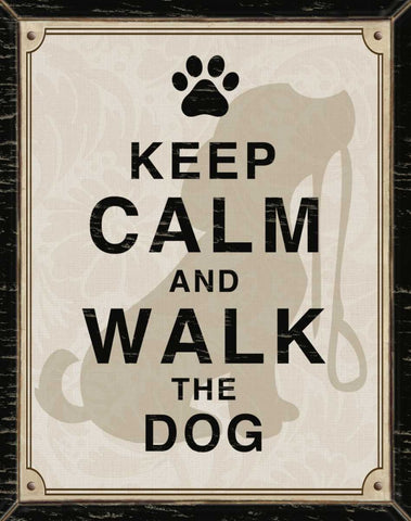 KEEP CALM AND WALK THE DOG Black Modern Wood Framed Art Print by Ballantyne, Piper