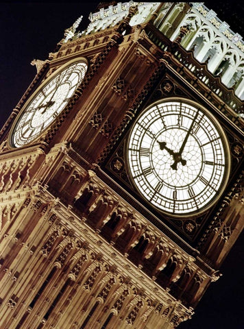 Low angle view of big ben at night, Parliament, England White Modern Wood Framed Art Print with Double Matting by Frank, Assaf