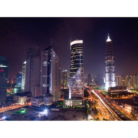 elevated view of skyscrapers at night, Shanghai Black Modern Wood Framed Art Print with Double Matting by Frank, Assaf