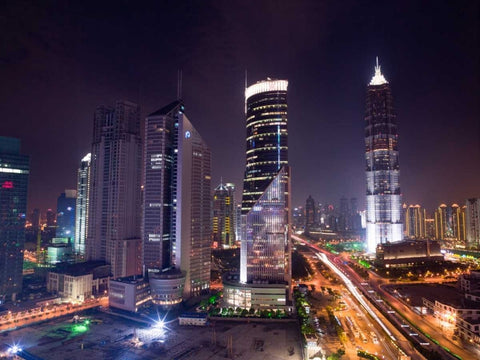 elevated view of skyscrapers at night, Shanghai White Modern Wood Framed Art Print with Double Matting by Frank, Assaf