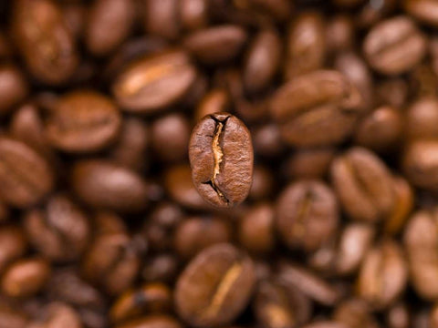 Top view of coffee beans White Modern Wood Framed Art Print with Double Matting by Frank, Assaf