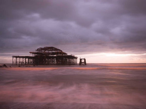 Brighton Pier at dusk White Modern Wood Framed Art Print with Double Matting by Frank, Assaf