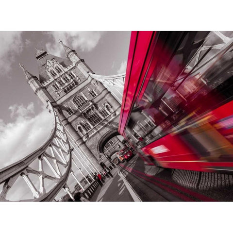 England, London, Double-Decker bus on tower bridge White Modern Wood Framed Art Print by Frank, Assaf