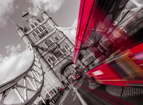 England, London, Double-Decker bus on tower bridge White Modern Wood Framed Art Print with Double Matting by Frank, Assaf