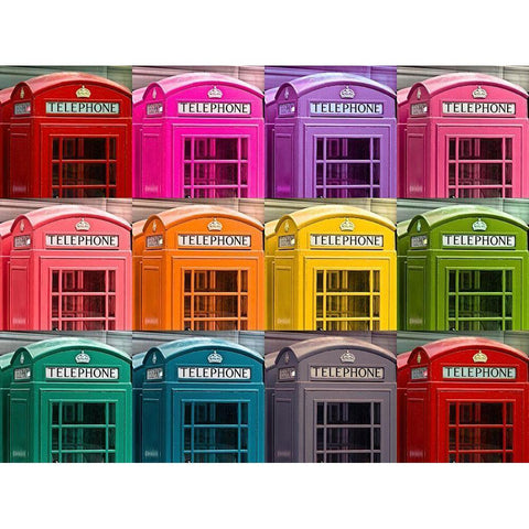 Multicoloured telephone boxes Black Modern Wood Framed Art Print by Frank, Assaf