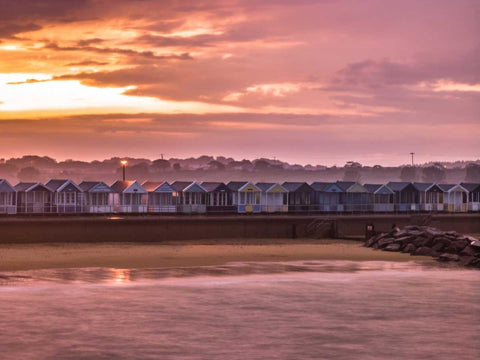 Multi coloured beach huts in a row Black Ornate Wood Framed Art Print with Double Matting by Frank, Assaf