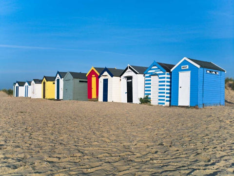 Beach huts in a row at sunrise White Modern Wood Framed Art Print with Double Matting by Frank, Assaf