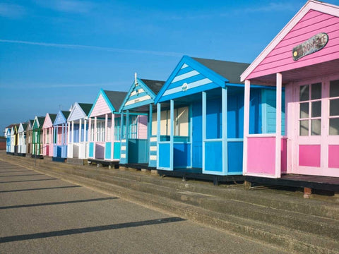 Beach hut in a row against blue sky Black Ornate Wood Framed Art Print with Double Matting by Frank, Assaf