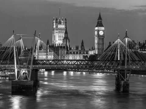 London-River Thames-Waterloo brigde and houses of parliment at night White Modern Wood Framed Art Print with Double Matting by Frank, Assaf