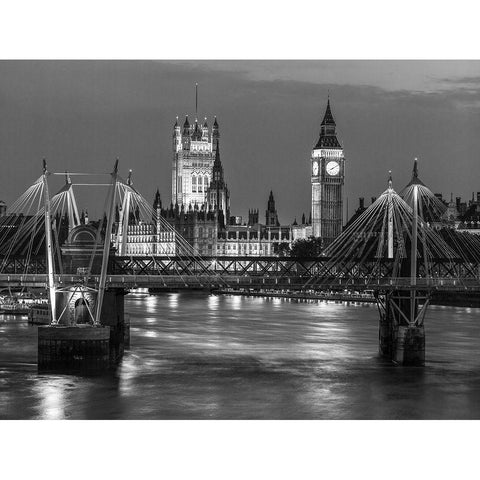 London-River Thames-Waterloo brigde and houses of parliment at night Gold Ornate Wood Framed Art Print with Double Matting by Frank, Assaf