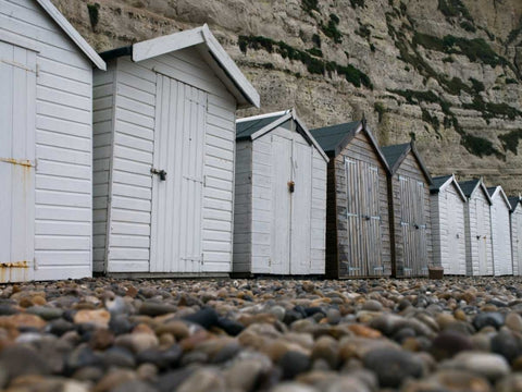 Beach huts, Dorset , UK White Modern Wood Framed Art Print with Double Matting by Frank, Assaf