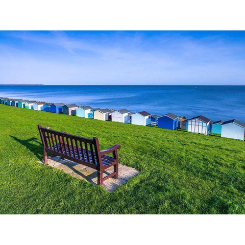 Bench on lawn with beach huts in background Black Modern Wood Framed Art Print with Double Matting by Frank, Assaf