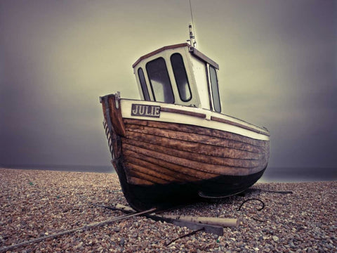 Boat moored on pebbled Beach White Modern Wood Framed Art Print with Double Matting by Frank, Assaf