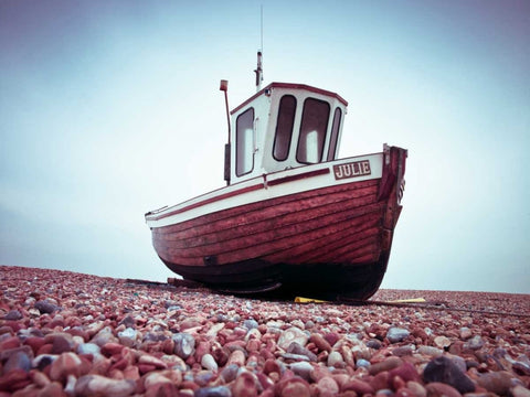 Boat moored on pebbled Beach Black Ornate Wood Framed Art Print with Double Matting by Frank, Assaf