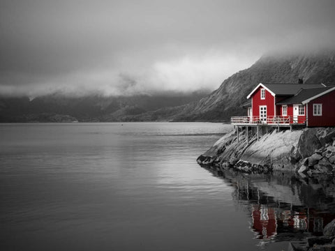 Fishing huts on the waterfront, Lofoten, Norway White Modern Wood Framed Art Print with Double Matting by Frank, Assaf