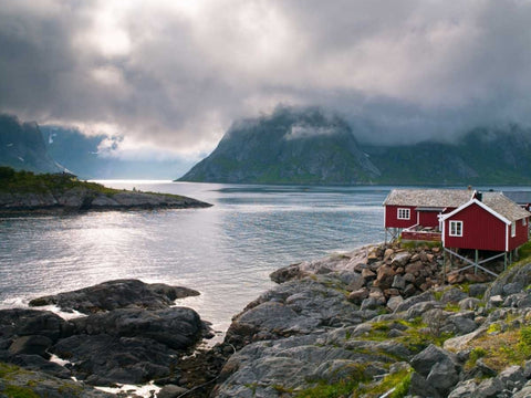 Fishing huts on the waterfront, Lofoten, Norway Black Ornate Wood Framed Art Print with Double Matting by Frank, Assaf