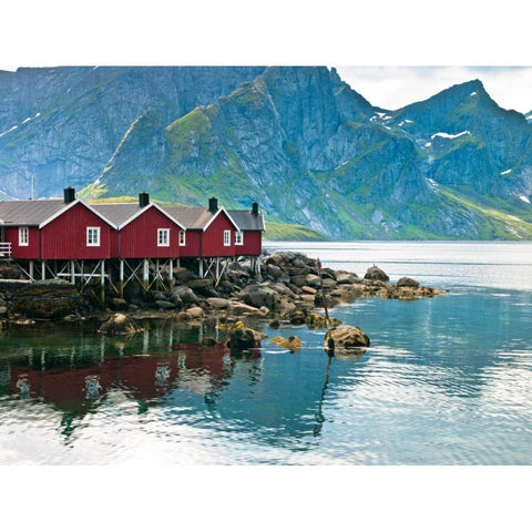 Fishing huts on the waterfront, Lofoten, Norway White Modern Wood Framed Art Print by Frank, Assaf