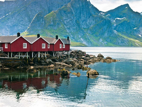 Fishing huts on the waterfront, Lofoten, Norway White Modern Wood Framed Art Print with Double Matting by Frank, Assaf