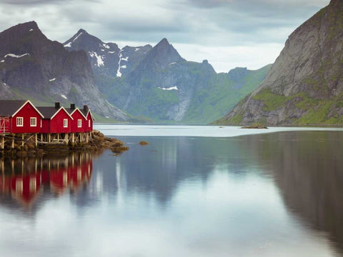 Fishing huts on the waterfront, Lofoten, Norway White Modern Wood Framed Art Print with Double Matting by Frank, Assaf