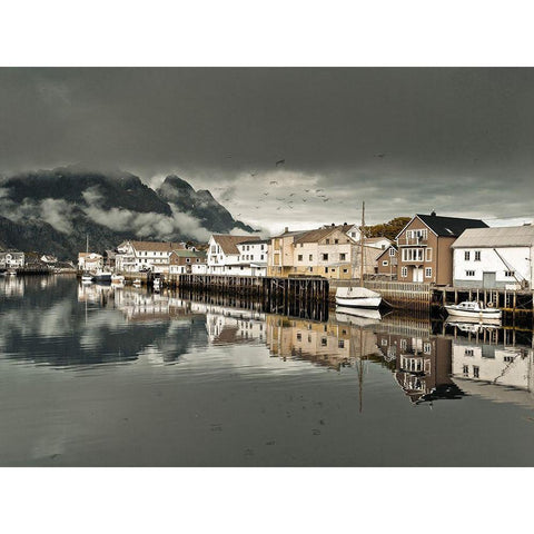 Village in Lofoten-Norway White Modern Wood Framed Art Print by Frank, Assaf