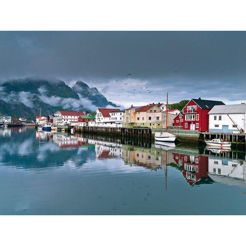 Village in Lofoten-Norway White Modern Wood Framed Art Print by Frank, Assaf