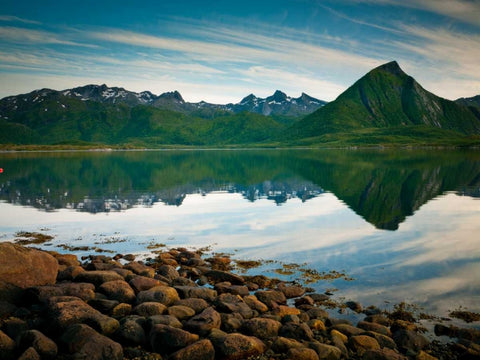 Mountain range by the sea, Lofoten, Norway White Modern Wood Framed Art Print with Double Matting by Frank, Assaf